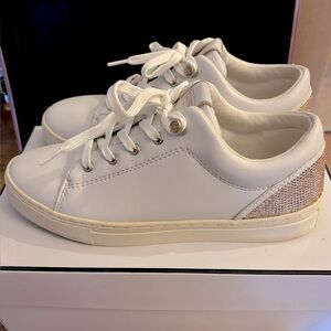 Guess-White Sneakers with Glamorous Rose Gold Sparkly Heel Accent-Size 9